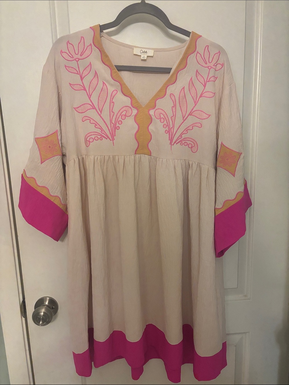Oddi Embroidered Beige Boho Dress with Pink Trim
